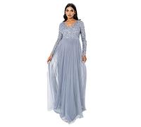 Maya Deluxe Women's Ladies Dress Sleeve for Wedding Guest V Neck High Empire Waist Maxi Long Length Evening Bridesmaid Prom, Line, 14
