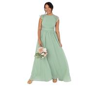 Maya Deluxe Womens Ladies Maxi Crew Neckline Short Flutter Sleeve Lace Trim A-line for Wedding Guest Evening Prom Ball Gown Dress, Deep Sage, 14 UK