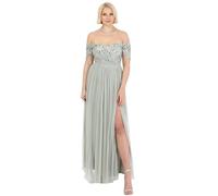 Maya Deluxe Women's Ladies Maxi Dress Bardot Neckline Off Shoulder Tulle High Side Split Slit A-line Bridesmaid Wedding Guest Prom Green Lily 8