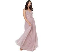 Maya Deluxe Women's Ladies Maxi Dress Long Length Wedding Guest Bridesmaid Prom Summer Evening Gown V Neck Straps Bow Tie, Frosted Pink, 18
