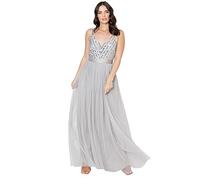Maya Deluxe Women's Ladies Maxi Dress Long Length Wedding Guest Bridesmaid Prom Summer Evening Gown V Neck Straps Bow Tie, Soft Grey, 14