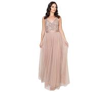 Maya Deluxe Women's Ladies Maxi Dress Long Length Wedding Guest Bridesmaid Prom Summer Evening Gown V Neck Straps Bow Tie, Taupe Blush, 10