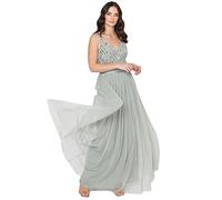 Maya Deluxe Women's Ladies Maxi Dress Long Length Wedding Guest Bridesmaid Prom Summer Evening Gown V Neck Straps Bow Tie, Green Lily, 28