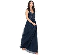 Maya Deluxe Women's Ladies Maxi Dress Long Length Wedding Guest Bridesmaid Prom Summer Evening Gown V Neck Straps Bow Tie, Navy, 22
