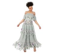 Maya Deluxe Women's Ladies Maxi Dress Off-The-Shoulder Bardot Spaghetti Strap Floral Embroidered Tiered Ruffle Tulle Wedding Guest, Green Lily, 10