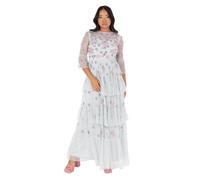 Maya Deluxe Women's Ladies Maxi Dress Round Neck 3/4 Sleeve Floral Sequin Embellished Ruffle A-line for Wedding Guest Prom Ball Gown, Glacier Grey 6