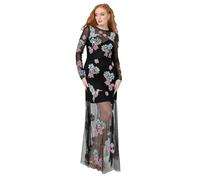 Maya Deluxe Women's Ladies Maxi Dress Round Neck Long Sleeve Sheer Spot Mesh Tulle Sequin Embellished Floral Keyhole Back A-line Black 10