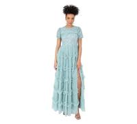 Maya Deluxe Women's Ladies Maxi Dress Round Neck Short Puff Sleeve Sequin Embellished Ruffle A-line Bridesmaid Prom Ball Gown, Turquoise, 20