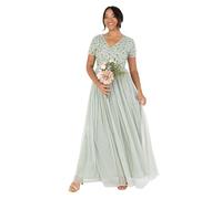 Maya Deluxe Women's Ladies Maxi Dress Sequin Embellished Floral V-Neck Short Sleeve Tulle Skirt A-line for Wedding Guest Ball Gown, Green Lily, 10