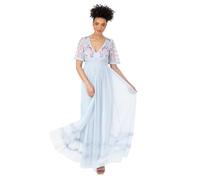 Maya Deluxe Women's Ladies Maxi Dress Short Puff Sleeve V-Neck Floral Embroidered Tulle Lace Keyhole Back Ruffle Empire A-line Prom, Baby Blue, 8