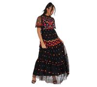 Maya Deluxe Women's Ladies Maxi Dress Short Sleeve High Neck Embroidered Ruffle Frilly Tulle A-line for Occasion Evening Ball Gown, Black, 10