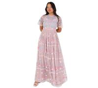 Maya Deluxe Women's Ladies Maxi Dress Short Sleeve Round Neck Floral Embroidered Tulle Lace A-line for Bridesmaid Wedding Guest Prom Frosted Pink 8