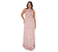 Maya Deluxe Women's Ladies Maxi Dress Sleeveless Halterneck Tiered Floral Embroidered A-line for Wedding Guest Evening Ball Gown Frosted Pink 18
