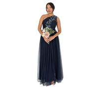 Maya Deluxe Women's Ladies Maxi Dress Sleeveless One Shoulder Sequin Embellished Tulle Split Slit A-line for Evening Prom Ball Gown, Navy Blue, 16