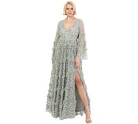Maya Deluxe Women's Ladies Maxi Dress V Neckline Sequin with Ruffle Empire Waist Slit Split for Prom Ball Bridesmaid Wedding Guest, Green Lily, 16