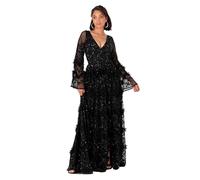 Maya Deluxe Women's Ladies Maxi Dress V Neckline Sequin with Ruffle Empire Waist Slit Split for Prom Ball Bridesmaid Wedding Guest, Black 14