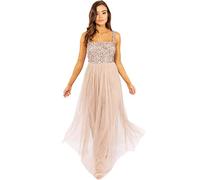 Maya Deluxe Women's Ladies Maxi Dress Wide Straps Sleevless Square Neckline Embellished for Wedding Guest Prom Bridesmaid, Taupe Blush, 28