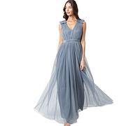 Maya Deluxe Women's Ladies Maxi Dress with Ruffle V Neck Sleeveless High Empire Waist Long for Prom Guest Wedding Bridesmaid, Dusty Blue, 14