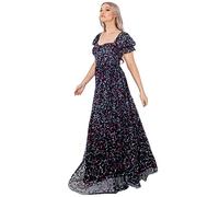 Maya Deluxe Women's Ladies Maxi for Women Sequin Embellishment Short Puffed Sleeves Sweatheart Neckline Long High Dress, Black, 12 UK