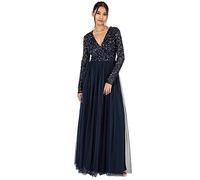 Maya Deluxe Women's Ladies Maxi for Women With Long Sleeves V Neckline Plunging Sequin Embellished Wedding Gue Dress, Navy, 14 UK