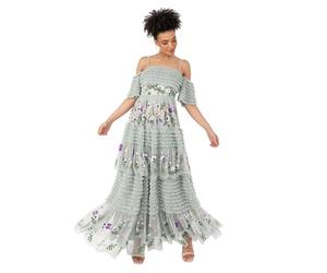 Maya Deluxe Womens Ladies Maxi Off-the-Shoulder Bardot Spaghetti Strap Floral Embroidered Tiered Ruffle Tulle Wedding Guest Dress, Green Lily, 14 UK
