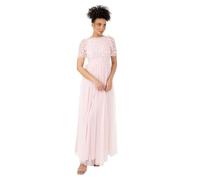 Maya Deluxe Womens Ladies Maxi Round Neck Short Sleeve 3D Floral Embellished Tulle Ruffle A-line Bridesmaid Wedding Guest Dress, Crystal Pink, 20 UK