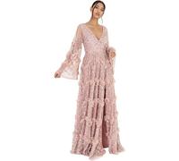 Maya Deluxe Women's Ladies Maxi Dress V Neckline Sequin with Ruffle Empire Waist Slit Split for Prom Ball Bridesmaid Wedding Guest, Frosted Pink, 14