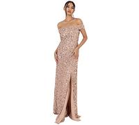 Maya Deluxe Women's Ladies Maxi With Slit Split Bardot Sleevless Sequin Embellishment Evening Gown for Wedding Gue Dress, Taupe Blush, 16 UK