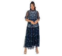 Maya Deluxe Women's Ladies Midaxi Dress High Neckline 3/4 Sleeve Embroidered Tulle Empire A-line for Evening Occasion Prom Ball Gown, Navy Blue, 54