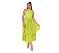 Maya Deluxe Women's Ladies Midi Dress Halterneck Sleeveless Tiered Skirt Floral Lace A-line for Wedding Guest Evening Occasion Prom, Lime Green, 16