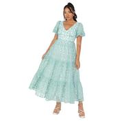 Maya Deluxe Women's Ladies Midi Dress V-Neck Short Puff Sleeves Keyhole Back Floral Embroidery Tie Bow A-line for Wedding Guest Prom, Mint, 14
