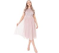 Maya Deluxe Women's Ladies Midi Dress with Halter Neck Tulle for Evening Graduation Prom Wedding Bridesmaids Ball Gown, Frosted Pink, 10