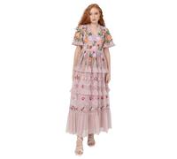 Maya Deluxe Womens Ladies Midi V-Neck Short Sleeve Floral Embroidered Ruffle Lace Tulle Tiered A-line for Wedding Guest Prom Dress, Blush Pink, 12 UK