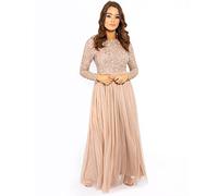 Maya Deluxe Women's Ladies Petite Maxi Dress for Wedding Guest Long Sleeves Sequins Empire High Waist Embellishment Boat Neck Prom, Taupe Blush, 10