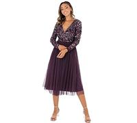Maya Deluxe Women's Ladies Wedding Guest Midi Dress Long Sleeve Plunging Neckline V Neck Sequin Embellished Graduation Bridesmaid, Berry, 10, EG024-MIDI-MM