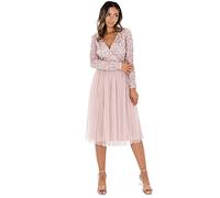 Maya Deluxe Women's Ladies Wedding Guest Midi Dress Long Sleeve Plunging Neckline V Neck Sequin Embellished Graduation Bridesmaid, Frosted Pink, 12 (EG024-MIDI-MM)