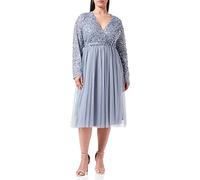 Maya Deluxe Women's Ladies Wedding Guest Midi Dress Long Sleeve Plunging Neckline V Neck Sequin Embellished Graduation Bridesmaid, Dusty Blue, 14 (EG024-MIDI-MM)