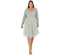 Maya Deluxe Women's Ladies Wedding Guest Midi Dress Long Sleeve Plunging Neckline V Neck Sequin Embellished Graduation Bridesmaid, Green Lily, 16, (EG024-MIDI-MM)
