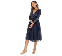 Maya Deluxe Women's Ladies Wedding Guest Midi Dress Long Sleeve Plunging Neckline V Neck Sequin Embellished Graduation Bridesmaid, Navy, 18 (EG024-MIDI-MM)