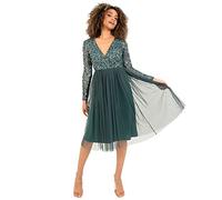 Maya Deluxe Women's Ladies Wedding Guest Midi Dress Long Sleeve Plunging Neckline V Neck Sequin Embellished Graduation Bridesmaid, Emerald Green, 14