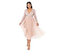 Maya Deluxe Women's Ladies Wedding Guest Midi Dress Long Sleeve Plunging Neckline V Neck Sequin Embellished Graduation Bridesmaid, Taupe Blush, 28