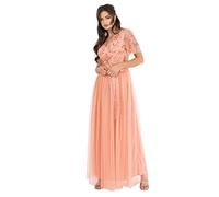 Maya Deluxe Women's Maxi Dress Ladies Ball Gown for Wedding Guest Embellished Tie Waist V Neck Bridesmaid Prom Evening Occasion, Apricot Blush, 20