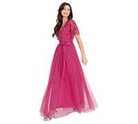 Womens Maxi Dress Ladies Ball Gown for Wedding Guest Embellished Tie Waist V Neck Bridesmaid Prom Evening Occasion Fuchsia Size 18 UK