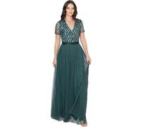 Maya Deluxe Women's Maxi Dress Ladies Bridesmaid V-Neck Ball Gown Short Sleeves Long Elegant Empire Waist Wedding, Emerald Green, 36 EU