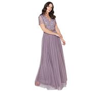 Maya Deluxe Women's Maxi Dress Ladies Bridesmaid V-Neck Ball Gown Short Sleeves Long Elegant Empire Waist Wedding, Moody Lilac, 14