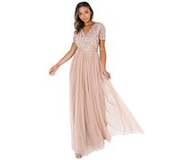 Maya Deluxe Women's Maxi Dress Ladies Bridesmaid V-Neck Ball Gown Short Sleeves Long Elegant Empire Waist Wedding, Taupe Blush, 8