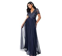 Maya Deluxe Women's Maxi Dress Ladies Bridesmaid V-Neck Ball Gown Short Sleeves Long Elegant Empire Waist Wedding, Navy, 22