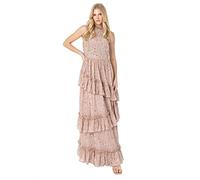 Womens Maxi Dress Ladies Embellished Ruffle Sleeveless Tie Back Dress for Wedding Guest Bridesmaid Prom Evening Occasion Taupe Blush Size 16 UK