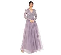 Maya Deluxe Women's Maxi Dress Ladies Embellished Wrap Tulle Frilly V-Neck Long Sleeve for Wedding Guest Bridesmaid Prom Ball Gown, Moody Lilac, 14
