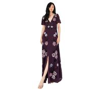 Maya Deluxe Women's Maxi Dress Ladies Embroidered Sequin Embellished Button Front Split for Wedding Guest Bridesmaid Prom Evening, Berry, 6